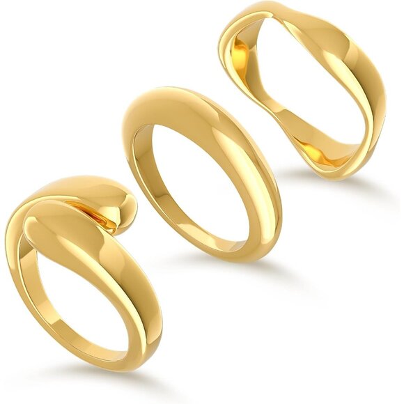 Women Dainty 3pc Stackable Chunky Rings Non Tarnish-Fashion Trendy 14K Gold - Picture 7 of 9